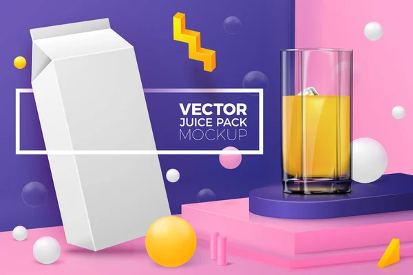 Vector 3d escena abstracta con caja de jugo, vidrio — Vector de stock