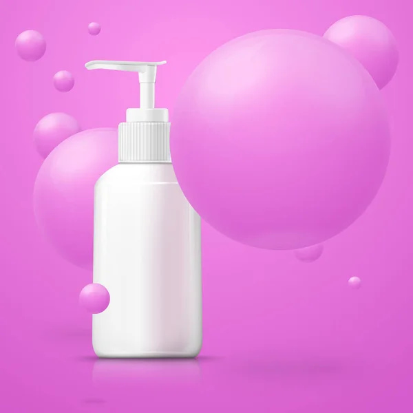 Vector white pump bottle with big pink bubbles — Stock Vector