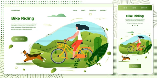 矢量插图 - 女孩骑自行车与狗 — 图库矢量图片