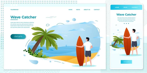 Set illustrazione vettoriale - surfista su una spiaggia — Vettoriale Stock