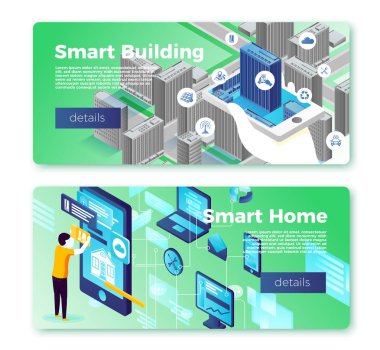 Vektör akıllı ev ve bina afiş şablon seti