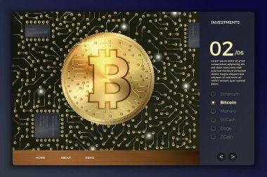 Vektör 3d bitcoin sikke ve devreleri, site şablonu