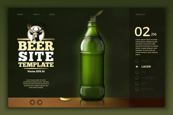 Bouteille de bière verte vectorielle sur le modèle de site moderne — Image vectorielle