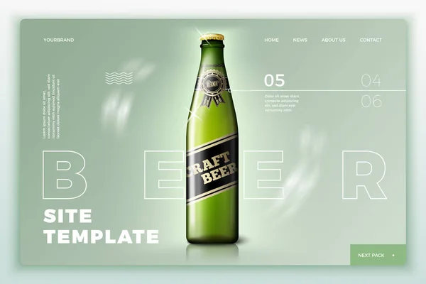 Bouteille de bière verte vectorielle sur le modèle de site lumineux — Image vectorielle