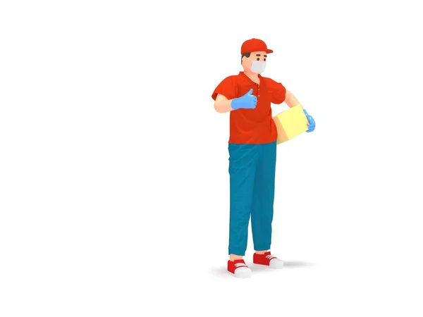 Cartoon 3d dostawca człowiek w masce ochronnej, rękawiczki — Zdjęcie stockowe