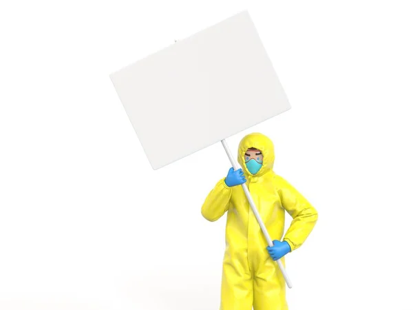 Médico en traje de hazmat amarillo brillante sosteniendo cartel — Foto de Stock