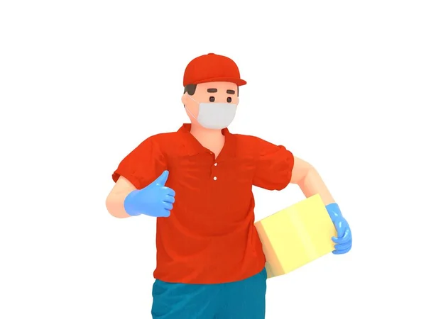 3d cartoon delivery man in mask with parcel box — Stock Photo, Image