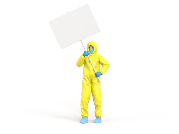 Médico en traje de hazmat amarillo brillante sosteniendo cartel — Foto de Stock