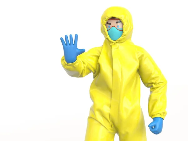 Médico en traje amarillo hazmat levantar la mano, señal de stop — Foto de Stock