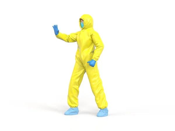 Médico en traje amarillo hazmat levantar la mano, señal de stop — Foto de Stock