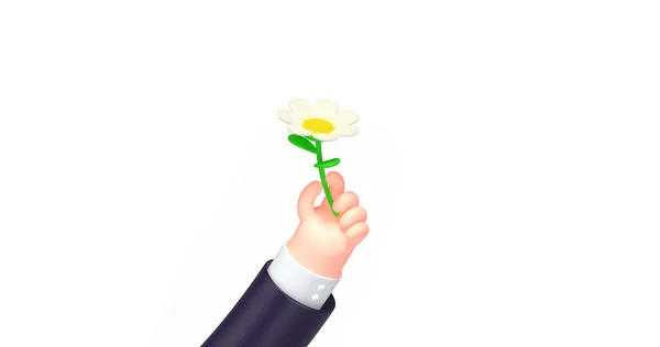 3d render cartoon business hand, chamomile flower — Stock Photo, Image