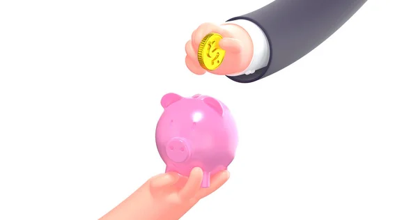 3d render cartoon hand put coin in pink piggy bank — Stock Photo, Image