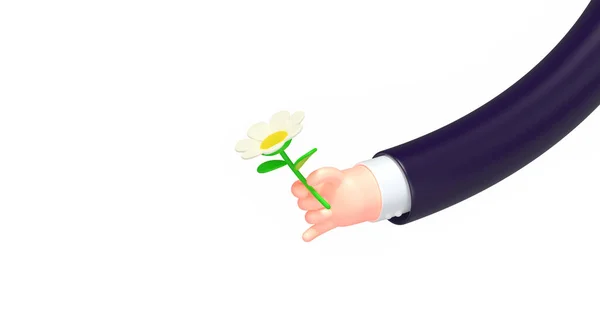 3d render cartoon business hand, chamomile flower — Stock Photo, Image