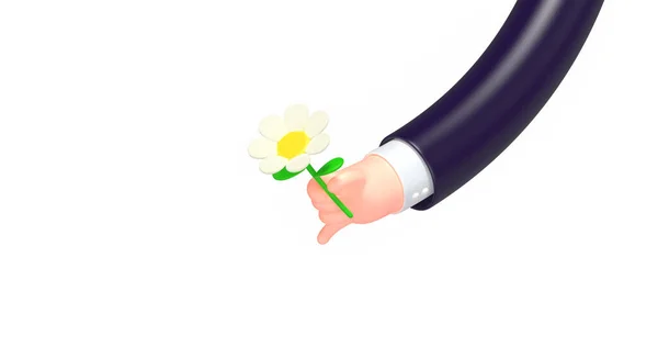 3d render cartoon business hand, chamomile flower — Stock Photo, Image