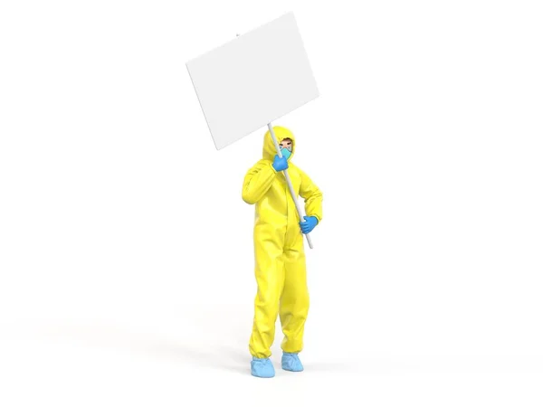 Médico en traje de hazmat amarillo brillante sosteniendo cartel — Foto de Stock