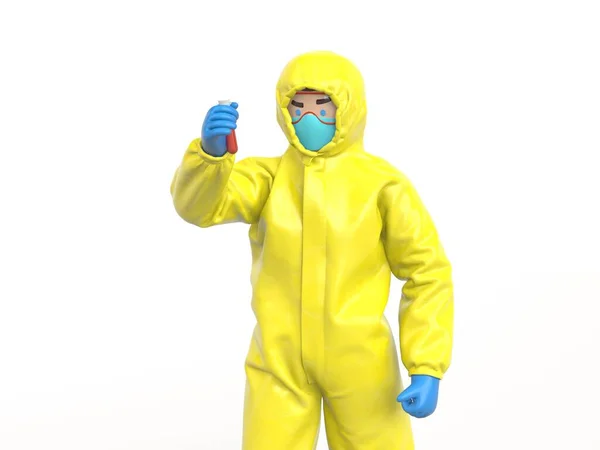 Medic in yellow hazmat suit looking on blood test — Stock Photo, Image