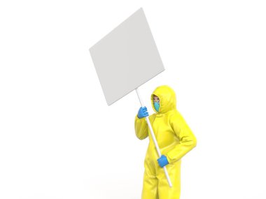 Parlak sarı koruyucu giysili doktor posterini tutuyor.