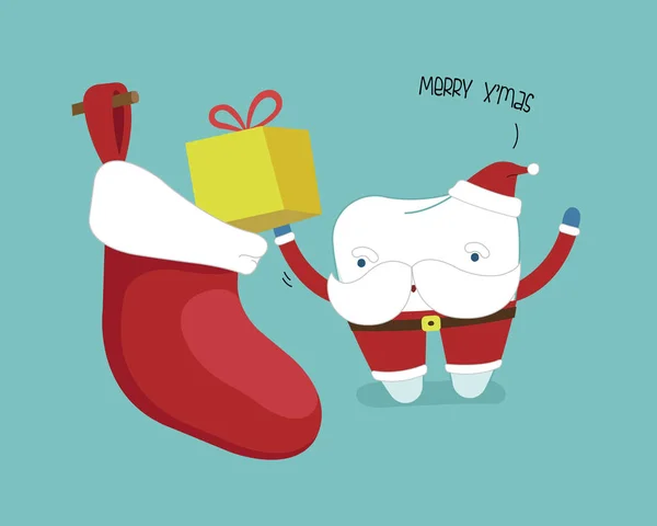 Feliz Natal Dentista Dente Papai Noel Com Presente Colocar Meia — Vetor de Stock
