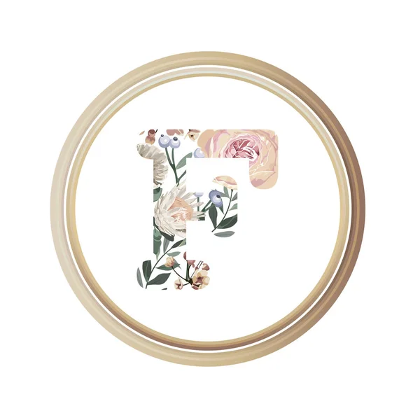 Floral alfabet F van romantiek wenskaart en bloem en blad v — Stockvector