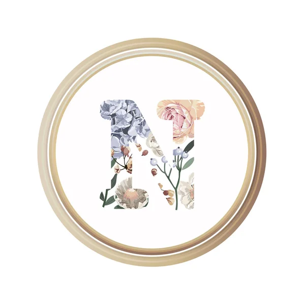 Floral alfabet N van romantiek wenskaart en bloem — Stockvector