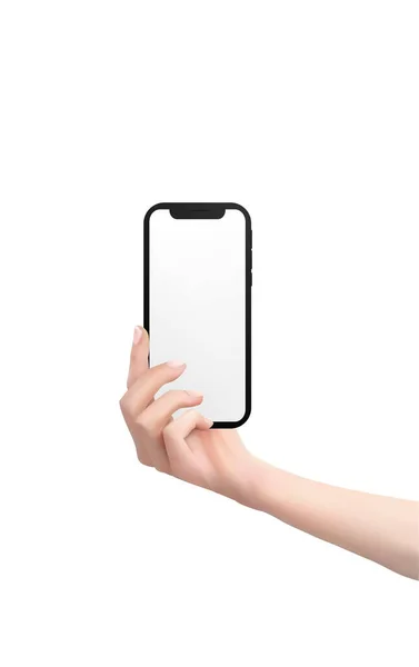 Realistico Mano Tenendo Smartphone Nero Isolato Sfondo Bianco Vettore — Vettoriale Stock