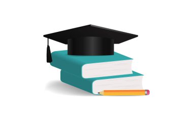 Mezuniyet şapkası, kitap, kalem. beyaz arkaplan, vektör illüstrasyonu