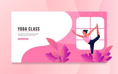 Yoga sınıfı iniş sayfası tasarımı. Bir kadın spor yapıyor. Sağlıklı yaşam ve meditasyon.