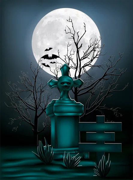 Halloween Achtergrond Ontwerp Illustratie Vector Grafsteen Onder Maanlicht — Stockvector