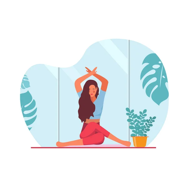 Woman young meditating in nature. Concept illustration for yoga, meditation, relax, recreation, healthy lifestyle. Vector illustration in flat cartoon style.