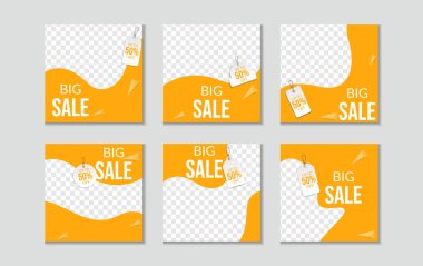 Düzenlenebilir en küçük kare pankart şablonu seti. Dinamik şekilli sarı arkaplan rengi. Sosyal medya paylaşımı ve internet reklamları için uygun. Fotoğraf okuluyla vektör illüstrasyonu