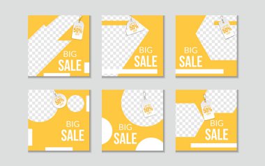 Düzenlenebilir en küçük kare pankart şablonu seti. Dinamik şekilli sarı arkaplan rengi. Sosyal medya paylaşımı ve internet reklamları için uygun. Fotoğraf okuluyla vektör illüstrasyonu