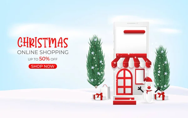 Banner Venta Navidad Línea Compras Línea Teléfono Móvil Sitio Web — Vector de stock