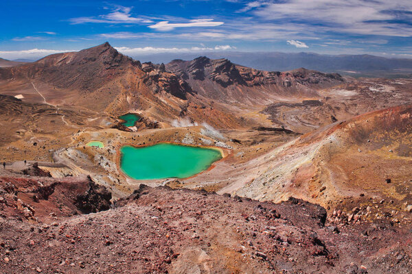 Emerald lakes on Tongariro Crossing track, one of the most beautiful trekking routes in New Zealand