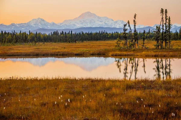 ピーターズビル・ロードからアラスカのキンリーMt.Mc上のオレンジ色の空. — ストック写真