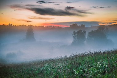 Gün batımında vadide sis