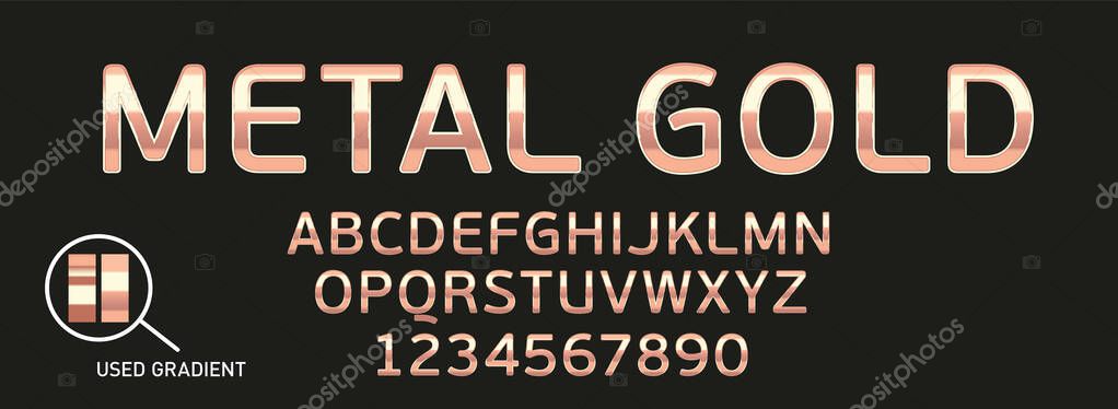 Metallic gradient font. Metal gradient. Silver text. Gold surface. Chrome effect. Metallic lettering. Alphabet letter. Vector set. Typeface glowing text effect. Set steel letters. Bold font alphabet.