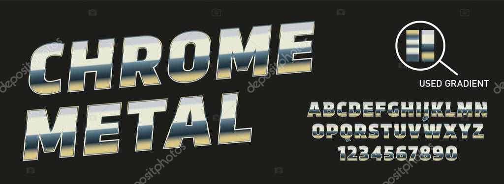 Metallic gradient font. Metal gradient. Silver text. Gold surface. Chrome effect. Metallic lettering. Alphabet letter. Vector set. Typeface glowing text effect. Set steel letters. Bold font alphabet.
