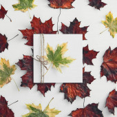 Az ősz kikerül a csúcsra. Színes, száraz juharfalevél kötéllel, papíron, szezonális lombozat. Gyönyörű botanikai kompozíció elszigetelt fehér háttérrel. Otthoni dekoráció. Őszi szezon koncepciója