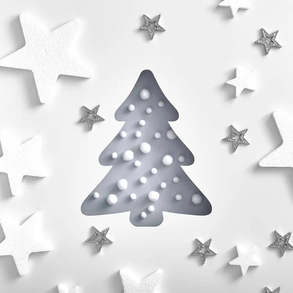 Concept Minimal Noël Forme Arbre Noël Monochrome Avec Neige Étoile — Photo