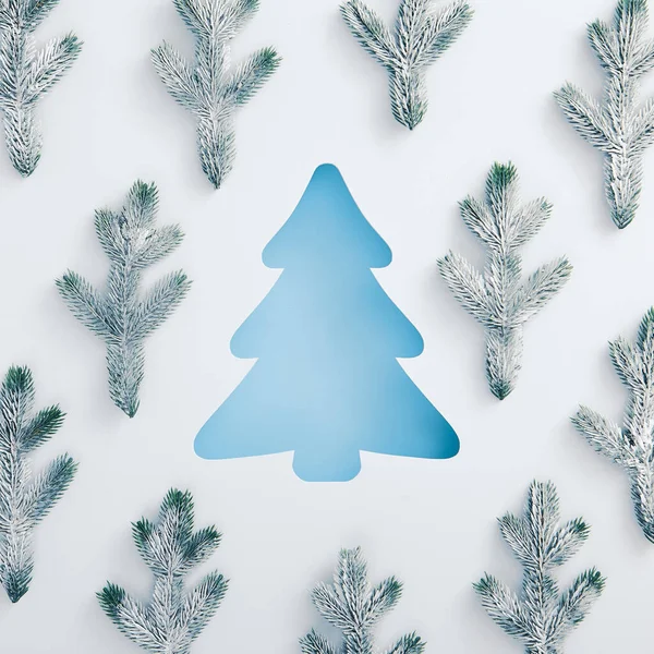 Noel Concept Minimal Forme Arbre Bleu Sapin Avec Motif Branches — Photo