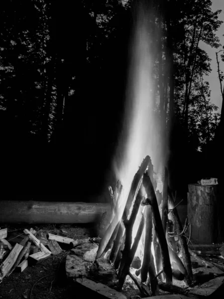 Big Camp Fire Beautiful Spring Evening Middle Forest — Stock Photo, Image