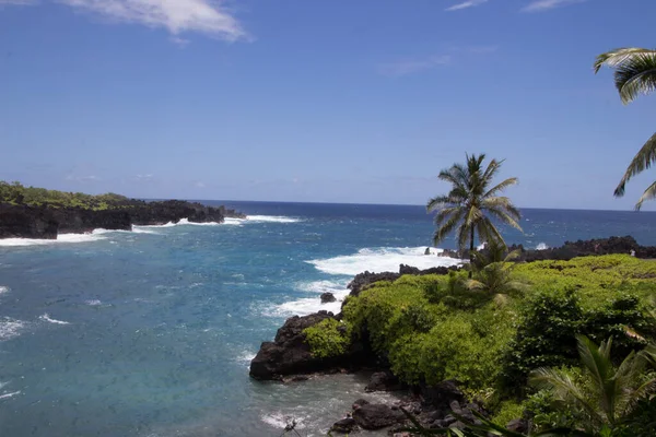 夏威夷一个棕榈色绿松石蓝色海湾和黑色沙滩的照片 — 图库照片