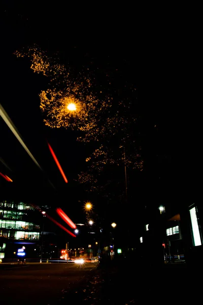 Lange Ligging Van Een Straat Herfst Met Enkele Lichte Paden — Stockfoto