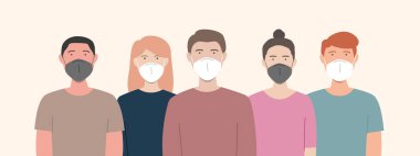 Hastalığı, gribi, hava kirliliğini, kirli havayı ve dünya kirliliğini önlemek için maske takan bir grup insan. Düz bir şekilde vektör illüstrasyonu