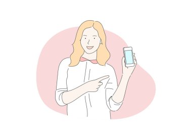 İşteki kadın cep telefonunu gösteriyor.