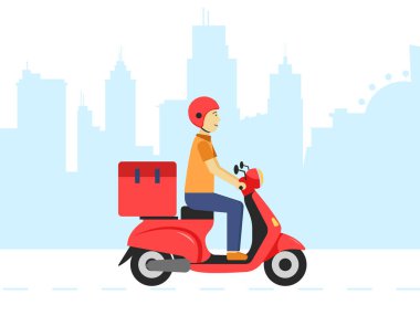 Çevrimiçi nakliye hizmetleri konsepti, Onaylanmış çevrimiçi nakliye, ev ve ofis taşımacılığı. Motosikletli Kurye. Vektör illüstrasyonu