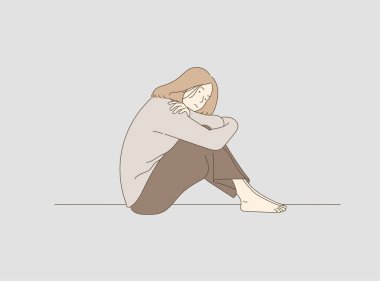 Depresyondaki üzgün kadın yerde tek başına oturuyor. Büyük depresif bozukluk kavramı. Vektör illüstrasyonu