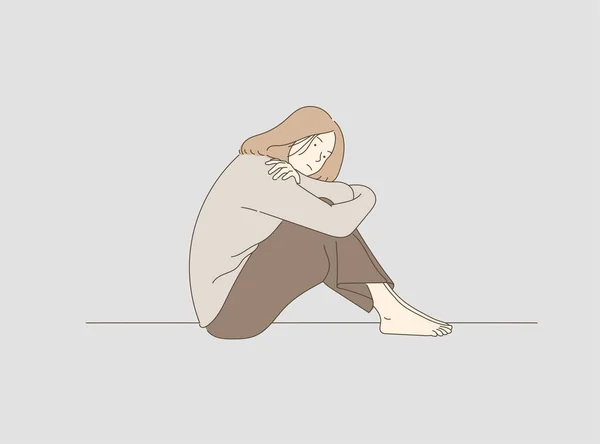 Mulher Triste Com Depressão Sentada Sozinha Chão Conceito Transtorno Depressivo —  Vetores de Stock