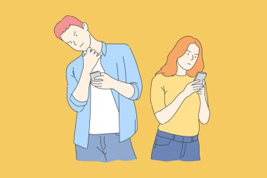 Düşünceli çift akıllı telefon kullanıyor. Vektör illüstrasyonu