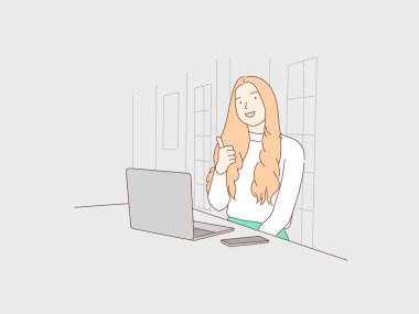 Bilgisayarda dizüstü bilgisayar kullanan genç bir kadın mutlu bir şekilde el hareketini onaylıyor. Vektör illüstrasyonu